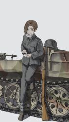 Rule 34 | 1girl, absurdres, bayonet, bolt action, brown eyes, brown footwear, brown hair, commentary, english commentary, foot up, grey background, gun, hat, unworn headwear, helmet, highres, jacket, kettenkrad, long sleeves, looking at viewer, mauser 98, military, military hat, military uniform, military vehicle, motor vehicle, mouth hold, original, pants, rifle, sebastian z, short hair, simple background, solo, standing, uniform, weapon