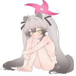 Rule 34 | ahoge, animal ear fluff, animal ears, black ribbon, blue archive, blush, child, completely nude, expressionless, gradient hair, grey hair, hair between eyes, hair intakes, halo, highres, hugging own legs, long hair, looking at viewer, makeup, mascara, michiru (blue archive), mingkozus, multicolored hair, nude, red halo, ribbon, sitting, tagme, tail, thick eyebrows, toes, twintails, two-tone hair, very long hair, white background, yellow eyes