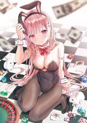 Rule 34 | 1girl, ace (playing card), ace of clubs, akino ell, animal, animal ears, banknote, bare shoulders, black footwear, black leotard, blush, bow, bowtie, breasts, brown pantyhose, card, cleavage, closed mouth, club (shape), collar, collarbone, covered navel, cropped, cuffs, detached collar, dollar bill, fake animal ears, fingernails, flower, hair between eyes, hair flower, hair ornament, high heels, highleg, highleg leotard, highres, king (playing card), king of hearts (playing card), large breasts, leotard, long fingernails, long hair, looking at viewer, medium breasts, money, original, pantyhose, pink eyes, pink hair, pink nails, playboy bunny, playing card, poker chip, queen (playing card), queen of hearts (playing card), rabbit, rabbit ears, red bow, red bowtie, roulette, roulette table, sidelocks, sitting, smile, solo, strapless, strapless leotard, table, third-party source, tile floor, tiles, very long hair, wrist cuffs