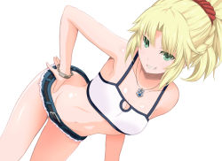 Rule 34 | 1girl, bandeau, bare shoulders, belt, blonde hair, bracelet, breasts, cleavage, dutch angle, fang, fate/apocrypha, fate (series), green eyes, grin, hand on own hip, jewelry, leaning forward, medium breasts, micro shorts, midriff, mordred (fate), mordred (fate/apocrypha), mordred (memories at trifas) (fate), navel, necklace, shorts, smile, solo, standing, tsukumo (soar99)