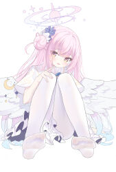 Rule 34 | 1girl, absurdres, blue archive, blush, feet, hand on own knee, highres, long hair, looking at viewer, mika (blue archive), pantyhose, parted lips, pink hair, side bun, soles, toes, white pantyhose, wings