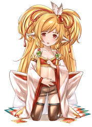 Rule 34 | 10s, 1girl, animal ears, bandeau, bare shoulders, black thighhighs, blonde hair, blush, breasts, collarbone, detached sleeves, feathers, full body, granblue fantasy, hair ornament, kneeling, long hair, looking at viewer, mahira (granblue fantasy), midriff, navel, noragami sota, open mouth, red eyes, shorts, simple background, small breasts, smile, solo, thighhighs, white background, wide sleeves