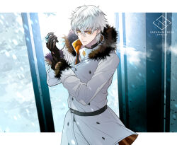 Rule 34 | 1boy, artist name, black gloves, closed mouth, coat, cowboy shot, earrings, fate/grand order, fate (series), fur-trimmed coat, fur trim, gloves, jewelry, kadoc zemlupus, letterboxed, long sleeves, looking at viewer, male focus, outside border, sazanami misa, serious, snow, solo, white coat, white hair, yellow eyes