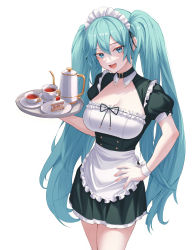 Rule 34 | 1girl, absurdres, apron, blue eyes, blue hair, breasts, cake, cake slice, choker, cowboy shot, cup, food, fruit, hair between eyes, hand on own hip, hatsune miku, highres, holding, holding tray, large breasts, long hair, looking at viewer, maid, maid apron, maid headdress, open mouth, plate, setakman, short sleeves, simple background, solo, strawberry, tea, teacup, teapot, tongue, tray, twintails, very long hair, vocaloid, white background, wrist cuffs