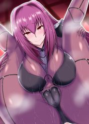 Rule 34 | 1girl, blush, bodysuit, breasts, cameltoe, covered erect nipples, fat mons, fate/grand order, fate (series), folded, holding legs, jiseki, large breasts, purple hair, red eyes, scathach (fate), scathach (fate), skindentation, smile, solo, spread legs, steam, wet