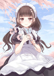 Rule 34 | 1girl, absurdres, apron, black hair, blue sky, blush, brown eyes, brown hair, cherry blossoms, flower, highres, ina (inadahime), long hair, looking at viewer, maid, maid headdress, original, outdoors, sky, smile, solo