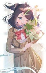 Rule 34 | 1girl, ;d, affectionate, aqua eyes, black hair, bow, bowtie, brown jacket, brown skirt, collared shirt, commentary request, creatures (company), eyelashes, game freak, hair ornament, hairclip, heart, high-waist skirt, highres, holding, holding pokemon, jacket, jiaxi daze, liko (pokemon), long sleeves, nintendo, one eye closed, open clothes, open jacket, open mouth, pleated skirt, pokemon, pokemon (anime), pokemon (creature), pokemon horizons, red bow, red bowtie, school uniform, shirt, skirt, smile, sprigatito, teeth, tongue, upper teeth only, white shirt