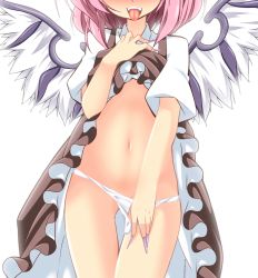 Rule 34 | 1girl, animal ears, bird wings, blush, close-up, clothes lift, dress, dress lift, fingernails, hachi (chihagura), long fingernails, mystia lorelei, navel, open mouth, panties, panty pull, pink hair, puffy short sleeves, puffy sleeves, sharp fingernails, short sleeves, simple background, solo, thigh gap, tongue, touhou, underwear, white background, white dress, white panties, wings