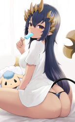 Rule 34 | 1girl, nanashi inc., absurdres, ass, black hair, bow, bow panties, breasts, commentary request, food, hair between eyes, hand up, highres, holding, holding food, honey strap, long hair, looking at viewer, looking to the side, medium breasts, no pants, panties, pointy ears, popsicle, purple eyes, purple panties, shimamura charlotte, shirt, short sleeves, sitting, solo, tail, temari rin, underwear, very long hair, virtual youtuber, white shirt