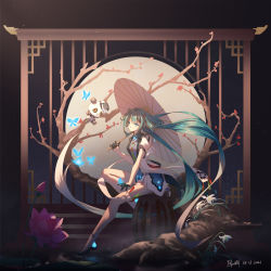 Rule 34 | 1girl, aqua hair, black gloves, blue butterfly, blue eyes, bug, butterfly, cage, dated, flower, folding screen, full body, geduan, gloves, hatsune miku, highres, insect, long hair, miku with you (vocaloid), moon, oil-paper umbrella, short sleeves, sitting, stuffed animal, stuffed toy, teddy bear, twintails, umbrella, very long hair, vocaloid