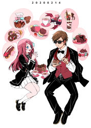 Rule 34 | 1boy, 1girl, belt, black footwear, black jacket, black neckwear, black pants, blouse, blue eyes, bow, bowtie, brown hair, cake, chewing, chocolate doughnut, collared shirt, commentary, cookie, cup, da huang, dated, doughnut, eating, english commentary, food, fork, full body, heart-shaped food, jacket, long hair, long sleeves, looking at another, macaron, minamoto sakura, miniskirt, open mouth, pants, plate, pleated skirt, red hair, red vest, saucer, shirt, shoes, short hair, simple background, sitting, skirt, smile, socks, speech bubble, sunglasses, tatsumi koutarou, teacup, vest, wafer stick, white background, white shirt, zombie land saga