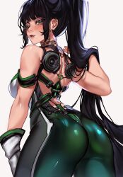 Rule 34 | 1girl, absurdres, ass, black hair, blunt bangs, bodysuit, breasts, brown eyes, commentary, eve (stellar blade), from behind, gloves, green bodysuit, hair lift, highres, impossible bodysuit, impossible clothes, large breasts, lips, long hair, looking at viewer, looking back, mechanical spine, multicolored bodysuit, multicolored clothes, planet diving suit (7th) (stellar blade), ponytail, silver bodysuit, simple background, skin tight, sleeveless, sleeveless bodysuit, solo, stellar blade, suliavtuber, very long hair, white bodysuit, white gloves