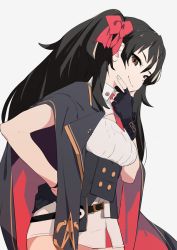 Rule 34 | 1girl, black hair, brown eyes, buttons, cape, double-breasted, girls&#039; frontline, grey background, hair ribbon, hand on own hip, long hair, looking at viewer, pleated skirt, red ribbon, ribbon, shirt, skirt, sohin, solo, thinking, twintails, type 97 (girls&#039; frontline), underbust, very long hair, white shirt