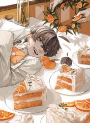 Rule 34 | 3boys, :d, ahoge, brown eyes, brown hair, cake, cake slice, chibi, commentary, crossed bangs, earrings, english commentary, fatalbug896, food, fruit, highres, holding, holding food, holding paper, holding wreath, jar, jewelry, letter, looking at viewer, lying, male focus, multiple boys, nichts (fatalbug896), on back, on table, open mouth, orange (fruit), orange slice, original, out of frame, paper, plate, shadow, shirt, short hair, sleeves past fingers, sleeves past wrists, smile, solo focus, table, teeth, turtleneck, upper body, upper teeth only, vase, wax seal, white shirt, wille (fatalbug896), wreath