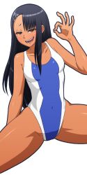 Rule 34 | 1girl, black hair, breasts, brown eyes, covered navel, half-closed eyes, ijiranaide nagatoro-san, long hair, mike inel, nagatoro hayase, ok sign, one-piece swimsuit, open mouth, raised eyebrow, small breasts, solo, spread legs, swimsuit, tan, thick thighs, thighs, transparent background