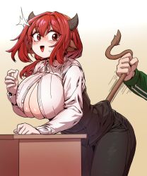 Rule 34 | 1boy, 1girl, animal ears, arms on table, black pants, black vest, blush, breasts, buttons, collar, cow ears, cow horns, gloves, hair tie, heemin, highres, horns, huge breasts, large breasts, long sleeves, medium hair, open clothes, open shirt, original, pants, red eyes, red hair, shirt, simple background, table, tail, tail pull, vest, white shirt