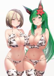 2girls absurdres animal_ear_fluff animal_ears animal_print arms_under_breasts bare_shoulders bikini breasts character_request cleavage closed_mouth collarbone commission copyright_request cow_print cow_print_bikini cow_print_gloves cow_print_thighhighs cowboy_shot deep_skin flower gloves gluteal_fold green_eyes green_hair hair_flower hair_ornament half-closed_eyes halterneck hands_on_own_chest hands_up highres large_breasts light_brown_hair long_hair looking_at_viewer multi-strapped_bikini_bottom multiple_girls navel omochi_art753 parted_lips pointy_ears print_bikini print_gloves print_thighhighs red_flower seductive_smile short_hair sidelocks simple_background skeb_commission skindentation smile standing straight_hair string_bikini swept_bangs swimsuit thigh_gap thighhighs very_long_hair virtual_youtuber white_background yellow_eyes