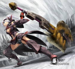 Rule 34 | 1girl, adachi yousuke, attack, blue eyes, boots, breasts, capcom, cleavage, garter straps, gigginox (armor), gloves, monster hunter, monster hunter (series), monster hunter 3, pteruges, shorts, solo, thigh boots, thighhighs, weapon, white hair