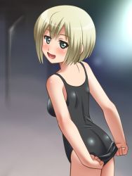 Rule 34 | 1girl, awa, blonde hair, clothes pull, erica hartmann, green eyes, one-piece swimsuit pull, strike witches, swimsuit, world witches series