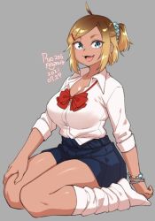Rule 34 | 1girl, :3, agawa ryou, ahoge, artist name, blonde hair, blue eyes, blue skirt, bow, bowtie, bracelet, breasts, brown hair, cleavage, collared shirt, dark-skinned female, dark skin, dated, grey background, hair ornament, hairclip, hand on thigh, jewelry, large breasts, leg warmers, looking at viewer, loose socks, medium hair, multicolored hair, numbered, open mouth, original, pleated skirt, ponytail, red bow, shirt, shirt tucked in, sidelocks, simple background, sitting, skirt, sleeves rolled up, smile, socks, solo, swept bangs, tented shirt, two-tone hair, wariza, white shirt, white socks