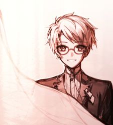 Rule 34 | 1boy, brooch, curtains, ensemble stars!, formal, glasses, highres, hua yao, jewelry, looking at viewer, male focus, monochrome, parted bangs, short hair, simple background, smile, suit, upper body, yuuki makoto (ensemble stars!)