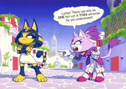 Rule 34 | 2girls, animal crossing, animal ears, animal nose, ankha (animal crossing), bell tower, bird, blaze the cat, blue sky, cat ears, cat girl, cat tail, crossed arms, dove, egyptian clothes, eyelashes, fangs, forehead jewel, fur-trimmed footwear, fur-trimmed gloves, fur trim, furry, furry female, gerovort, gloves, gold necklace, highres, jacket, jewelry, multiple girls, necklace, nintendo, one eye closed, open mouth, pants, pink footwear, plant, pointing, pointing at another, ponytail, purple fur, purple jacket, sky, sonic (series), tail, two-tone fur, white gloves, white pants, yellow fur