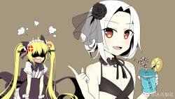 2girls :d andrea_doria_(warship_girls_r) anger_vein angry animal_ears bare_shoulders bendy_straw bingdian_lihua black_dress black_flower blonde_hair blush brown_background cat_ears cup dress drink drinking_glass drinking_straw flower food fruit gloves hair_flower hair_ornament hair_slicked_back highres holding holding_cup index_finger_raised lemon lemon_slice long_hair looking_at_viewer maid_headdress multiple_girls official_alternate_costume open_mouth parted_bangs puffy_short_sleeves puffy_sleeves red_eyes ribbon shaded_face short_hair short_sleeves simple_background smile tail twintails very_long_hair vittorio_veneto_(warship_girls_r) warship_girls_r weibo_logo weibo_watermark white_gloves white_hair