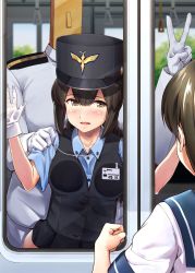 Rule 34 | 1boy, 2girls, admiral (kancolle), against glass, alternate costume, bad id, bad twitter id, black hair, black headwear, black vest, blue background, blue shirt, blush, border, braid, breasts, buttons, collared shirt, commentary request, dress shirt, employee uniform, epaulettes, gloves, hair between eyes, hat, highres, ichikawa feesu, implied sex, isonami (kancolle), kantai collection, kepi, long sleeves, looking at viewer, medium breasts, military, military hat, military uniform, multiple girls, name tag, naval uniform, open mouth, sailor collar, shirt, short sleeves, sidelocks, smile, standing, t-head admiral, twin braids, two-tone background, uniform, upper body, v, vest, white gloves