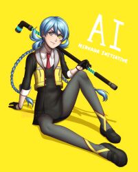Rule 34 | 1girl, adricarra, ai the somnium files, artist name, black dress, black footwear, black gloves, blue hair, braid, closed mouth, commentary, cropped vest, dress, gloves, grey eyes, grey pantyhose, half gloves, heterochromia, highres, holding, holding weapon, light smile, loafers, long hair, looking at viewer, necktie, okiura mizuki, pantyhose, red necktie, shadow, shoes, simple background, sitting, sleeves past elbows, solo, twin braids, vest, weapon, yellow background, yellow eyes, yellow vest