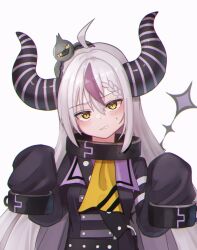 Rule 34 | 1girl, ahoge, alternate breast size, animal, animal on head, bird, bird on head, blush, collar, crow (la+ darknesss), grey hair, highres, hololive, horns, huge horns, la+ darknesss, long hair, metal collar, multicolored hair, on head, purple hair, scarlet (wv0102), simple background, sleeves past fingers, sleeves past wrists, solo, streaked hair, striped horns, upper body, virtual youtuber, white background, yellow eyes