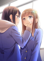 Rule 34 | 2girls, black hair, blazer, blue jacket, bob cut, brown eyes, brown hair, buttons, earrings, eye contact, hakozaki shiine, hand on another&#039;s face, highres, hood, hood down, houkago (doujin), jacket, jewelry, kamisato ichika, lapels, long hair, long sleeves, looking at another, multiple girls, notched lapels, ooshima tomo, parted lips, short hair, stud earrings, upper body, yuri