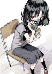 Rule 34 | 1girl, black hair, bright pupils, chair, drinking, female focus, gas mask, grey skirt, io naomichi, juice box, looking at viewer, mask, mouth mask, original, pleated skirt, red eyes, school uniform, sitting, skirt, solo, white pupils
