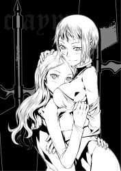Rule 34 | 2girls, @ @, bad id, bad pixiv id, between breasts, blush, bodysuit, breasts, clare (claymore), claymore (series), greyscale, hand on another&#039;s head, hand on another&#039;s hip, head between breasts, highres, hug, kawashiro kei, long hair, looking at viewer, monochrome, multiple girls, short hair, sideboob, smile, sword, teresa, upper body, weapon, yuri