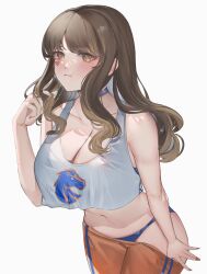 Rule 34 | 1girl, absurdres, blush, breasts, brown eyes, brown hair, cleavage, copyright request, curvy, hand in own hair, highres, large breasts, looking at viewer, milephunter, panties, pants, pout, singlet, solo, underwear, white background, white singlet, wide hips