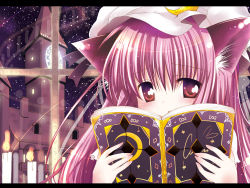 Rule 34 | 1girl, absurdres, animal ears, book, cat ears, cat girl, catbell, female focus, highres, indoors, kemonomimi mode, patchouli knowledge, sky, solo, touhou