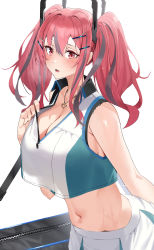 Rule 34 | 1girl, azur lane, bag, breasts, bremerton (azur lane), bremerton (scorching-hot training) (azur lane), cleavage, crop top, crop top overhang, hair ornament, heart, heart necklace, highres, large breasts, multicolored hair, necklace, pink eyes, pink hair, raitho, simple background, sportswear, streaked hair, sweat, tennis uniform, twintails, two-tone shirt, two-tone skirt, white background, x hair ornament