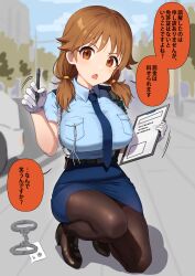 Rule 34 | 1girl, :o, blue necktie, blue shirt, blue skirt, blush, breasts, brown pantyhose, clipboard, commentary request, cuffs, gloves, handcuffs, highres, holding, holding clipboard, holding pen, idolmaster, idolmaster cinderella girls, kamille (vcx68), katagiri sanae, large breasts, looking at viewer, necktie, orange hair, outdoors, pantyhose, pen, pencil skirt, police, police uniform, policewoman, shirt, skirt, solo, speech bubble, translation request, twintails, uniform, walkie-talkie, white gloves
