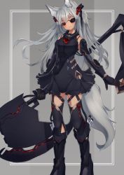Rule 34 | 1girl, absurdres, animal ear fluff, animal ears, axe, bare shoulders, black footwear, black gloves, black thighhighs, boots, dress, eyepatch, fox ears, fox girl, fox tail, frilled dress, frills, gloves, grey background, grey hair, hair between eyes, highres, hinata (user rjkt4745), holding, holding axe, knee boots, mecha musume, original, red eyes, sleeveless, sleeveless dress, solo, tail, thighhighs, thighhighs under boots, two-tone background