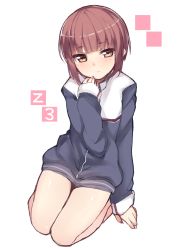 Rule 34 | 10s, 1girl, adapted costume, blush, brown eyes, brown hair, hand to own mouth, haruyuki (yukichasoba), jacket, kantai collection, seiza, short hair, sitting, solo, thighs, track jacket, z3 max schultz (kancolle)