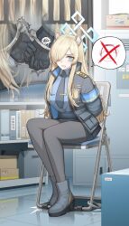 Rule 34 | 1girl, absurdres, animal ear fluff, animal ears, ankle boots, armband, doodle sensei (blue archive), black jacket, black pantyhose, black skirt, blonde hair, blue archive, blue armband, blue eyes, blue necktie, blue shirt, boots, bound, breasts, broken handcuffs, cameo, chair, cheogtanbyeong, collared shirt, commentary, cuffs, dog ears, dog girl, extra ears, folding chair, grey footwear, hair over one eye, halo, handcuffs, highres, indoors, jacket, kanna (blue archive), large breasts, long bangs, long hair, long sleeves, looking at viewer, necktie, pantyhose, pencil skirt, police, police uniform, policewoman, restrained, sensei (blue archive), sharp teeth, shirt, sidelocks, sitting, skirt, solo, spoken character, teeth, tied up (nonsexual), uniform, white shirt
