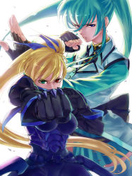 Rule 34 | 10s, 2girls, blonde hair, blue eyes, bodysuit, breasts, chica (moonflash09), clenched hand, einhard stratos, fighting stance, fingerless gloves, gloves, green eyes, green hair, heterochromia, jacket, large breasts, long hair, lyrical nanoha, magical girl, mahou shoujo lyrical nanoha vivid, multiple girls, aged up, open clothes, open jacket, purple eyes, red eyes, side ponytail, skirt, thighhighs, twintails, very long hair, vivio, waist cape