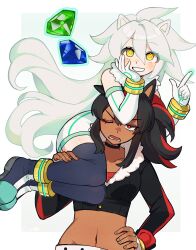 2girls animal_ears black_choker black_hair black_jacket blue_thighhighs carrying chaos_emerald choker ciosuii cropped_jacket dark-skinned_female dark_skin elbow_gloves fingerless_gloves floating fur_trim genderswap genderswap_(mtf) gloves grin hedgehog_girl highres humanization jacket long_hair looking_at_another looking_up medium_hair midriff multicolored_hair multiple_girls navel one_eye_closed open_mouth red_eyes red_hair red_shirt shadow_the_hedgehog shirt shoulder_carry sidelocks silver_the_hedgehog smile sonic_(series) streaked_hair telekinesis thighhighs v-shaped_eyebrows very_long_hair white_gloves white_hair yellow_eyes