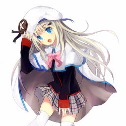 Rule 34 | 1girl, bison cangshu, blue eyes, bow, cape, hat, little busters!, long hair, noumi kudryavka, pink bow, school uniform, silver hair, solo, thighhighs