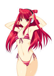 Rule 34 | 1girl, armpits, arms up, bare shoulders, beatmania, beatmania iidx, bikini, blunt bangs, blush, breasts, collarbone, fingernails, front-tie top, headphones, highres, hip focus, kinoshita ichi, long hair, looking at viewer, navel, red eyes, red hair, shiny skin, side-tie bikini bottom, simple background, small breasts, solo, standing, striped bikini, striped clothes, swimsuit, thigh gap, thighs, two side up, umegiri ameto, white background
