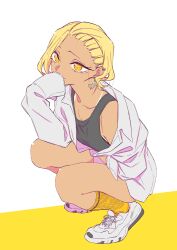 Rule 34 | 1girl, absurdres, anjou (yancha gal), asymmetrical bangs, asymmetrical footwear, bikini tan, black tank top, blonde hair, cat earrings, commentary request, covering own mouth, earclip, earrings, facial mark, full body, grey shirt, gyaru, hand over own mouth, highres, jewelry, kneehighs, long eyelashes, long sleeves, looking at viewer, mismatched footwear, no pants, off shoulder, open clothes, open shirt, shirt, shoes, short hair, sleeves past fingers, sleeves past wrists, sneakers, socks, solo, squatting, tan, tank top, tanline, two-tone background, white background, yancha gal no anjou-san, yellow background, yellow eyes, yellow socks, yuuichi katou
