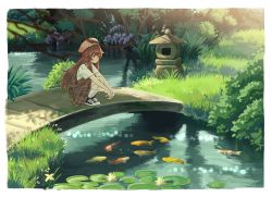 Rule 34 | 1girl, absurdres, animal hat, black footwear, borrowed character, bridge, brown eyes, brown hair, brown skirt, brown sweater vest, closed mouth, commentary, day, fish, grass, hat, highres, holding, jl tan, kneehighs, lily pad, long hair, looking away, original, outdoors, own hands together, plaid, plaid skirt, shirt, shoes, short sleeves, skirt, socks, solo, squatting, sweater vest, temachii (character), very long hair, water, white shirt, white socks