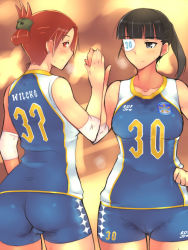 Rule 34 | 2girls, ass, black hair, cameltoe, earrings, em (totsuzen no hakike), eyepatch, grey eyes, high five, jewelry, minna-dietlinde wilcke, multiple girls, ponytail, red eyes, red hair, sakamoto mio, spandex, sportswear, strike witches, sweat, uniform, volleyball uniform, world witches series