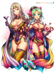 Rule 34 | 1990s (style), 2girls, anniversary, armor, bandana, blonde hair, blue eyes, bottle, bouquet, breasts, cape, celes chere, cleavage, copyright name, cup, drinking glass, final fantasy, final fantasy vi, flower, green eyes, green hair, jewelry, kara (color), large breasts, moogle, multiple girls, necklace, ring, shoulder armor, pauldrons, thighhighs, thighs, tina branford, wine bottle, wine glass