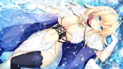 Rule 34 | 1girl, aqua eyes, arm up, bikini, bikini top only, blonde hair, blue eyes, blush, breasts, brooch, cape, crown, earrings, fur trim, game cg, gloves, highres, iris december uncry, jewel, jewelry, large breasts, legs, long hair, looking at viewer, lying, lying on water, navel, nora to oujo to noraneko heart 2, o-ring, oozora itsuki, original, parted lips, pelvic curtain, princess, single thighhigh, solo, swimsuit, thighhighs, thighs, water