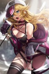 Rule 34 | 1girl, bare shoulders, blonde hair, blue eyes, blurry, blurry background, breasts, choker, cleavage, commentary, cowboy shot, ear piercing, english commentary, goomrrat, hair between eyes, highres, holding, holding microphone, jacket, jewelry, large breasts, long hair, microphone, open mouth, original, piercing, red jacket, ring, swimsuit, thighhighs, white headwear